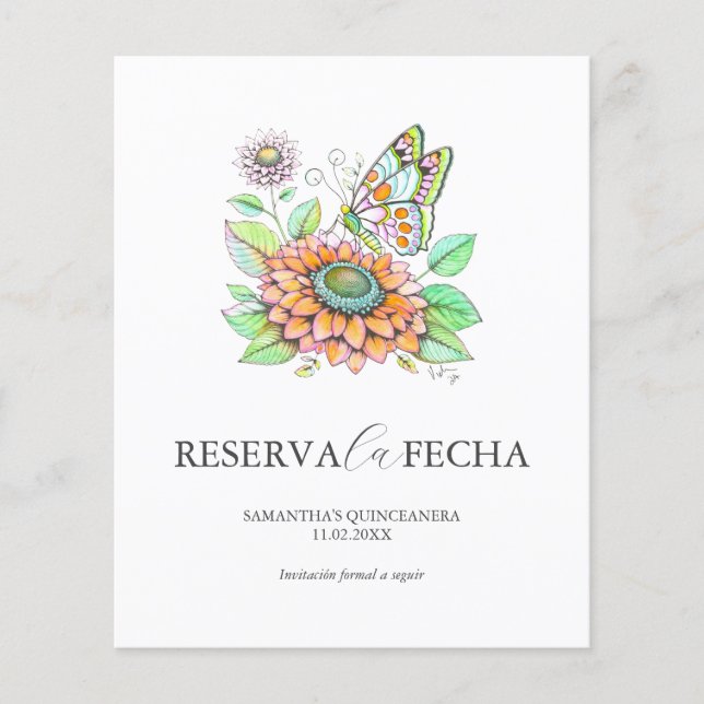 Flyer Tarjetas de "Reserva la Fecha" para Quinceañeras (Frente)