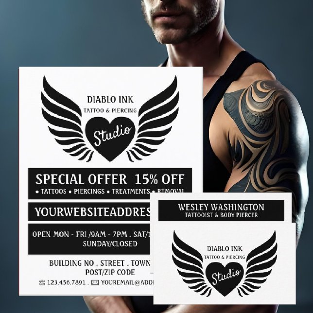 Flyer Tatuagem de Coração Alada, Tatuagem e Corpo de Pie (Criador carregado)
