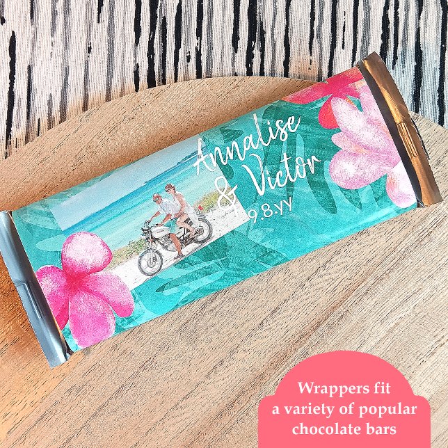 Flyer Teal Tropical, Molhador de Bares de Casamento Rosa (tropical wedding party favor candy bar wrapper, pink plumeria flowers turquoise leaves, budget label)