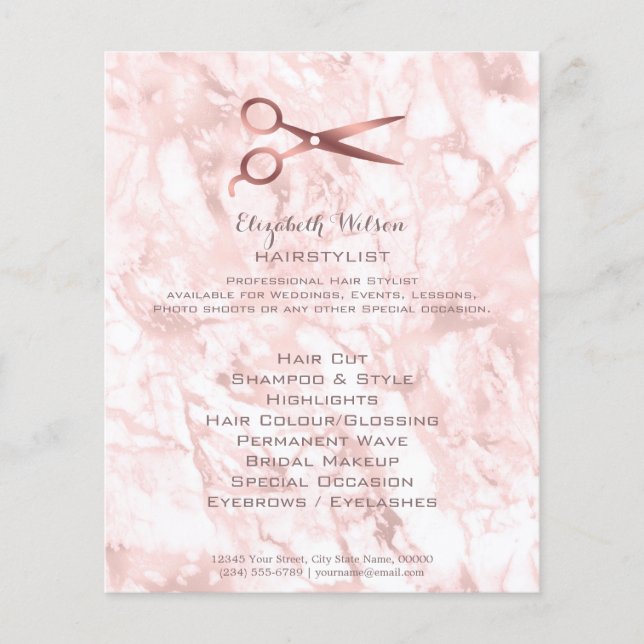 Flyer tesoura de cabeleireiro em mármore cor-de-água ros (Frente)