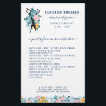 Flyer Tesoura Floral Amarelo Azul Salão<br><div class="desc">Folheto comercial do salão de cabelo com um par de tesouras em uma cama de flores silvestres em azul, amarelo e rosa claro. Adicione o nome do seu salão ou empresa, seus serviços e slogan, e suas informações de contato ou o que você precisar em texto azul contra um fundo...</div>