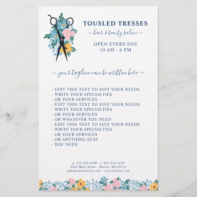 Flyer Tesoura Floral Amarelo Azul Salão (Frente)