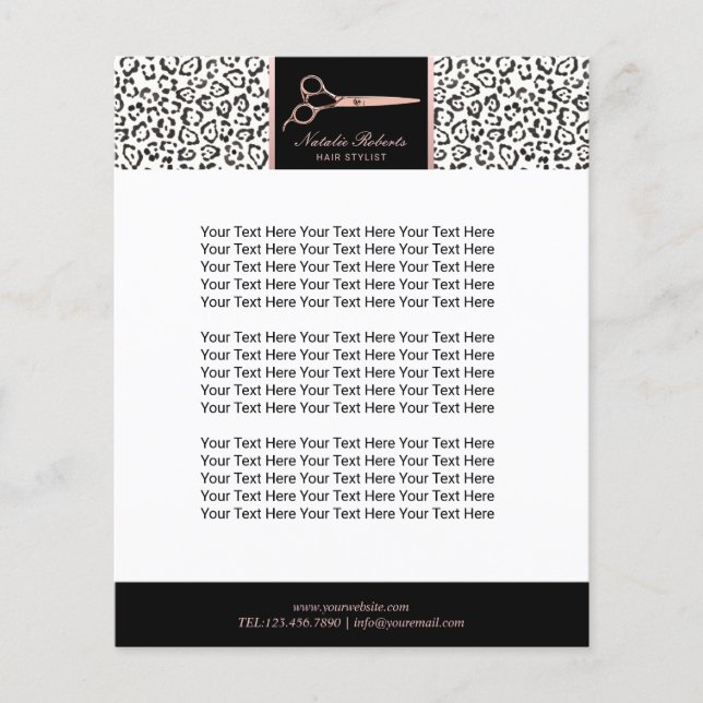 Flyer Tesoura Rosa de Leopardo Moderno com Cabelo Leopar (Frente)