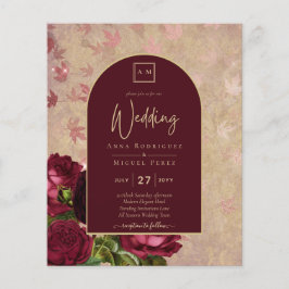 Flyer Texto Dourado de Casamento de Rosas vermelhas Botâ
