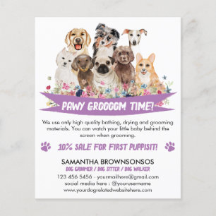 Flyer Tosa de cachorro ilustrada com flores simples roxa