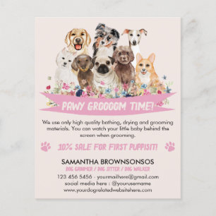 Flyer tosador de cães ilustrado com floral simples rosa