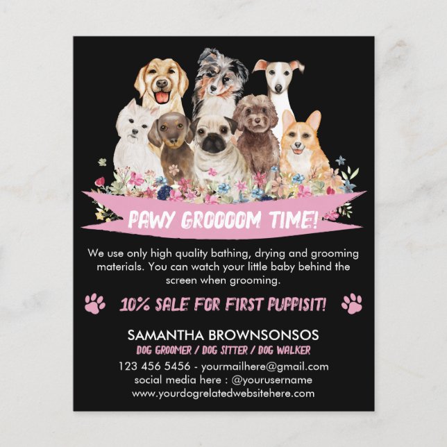 Flyer tosador de cães ilustrado floral simples preto (Frente)