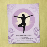 Flyer Tree Pose - Yoga Instructor with Lotus Flowers<br><div class="desc">A clean and serene yoga instructor flyer design featuring a silhouette of a woman in a graceful tree pose (Vrksasana) against a soft background of lavender and primrose yellow with delicate lotus flower illustrations frame the edges. The instructor's figure is positioned elegantly in the center, with flowing hair and outstretched...</div>