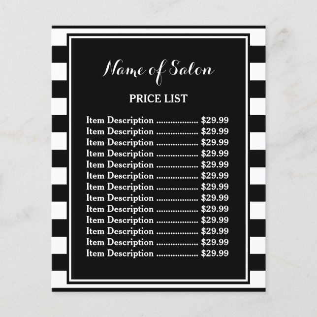 Flyer Trendy Black White Stripes Hair Salon Price List (Frente)