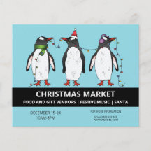 Três Pinguins Festivos no Azul - Mercado de Natal