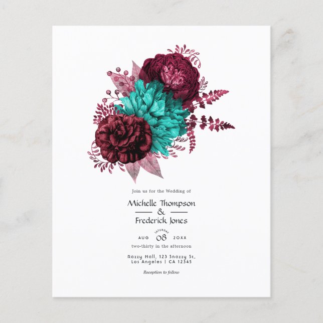 Flyer Turquesa e Burgundy Convite Floral para Casamento (Frente)