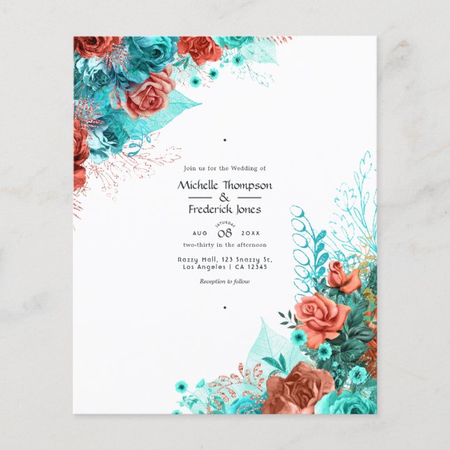 Flyer Turquesa e Convite de casamento Floral Russo Coral (Frente)