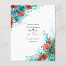 Turquesa e Convite de casamento Floral Russo Coral