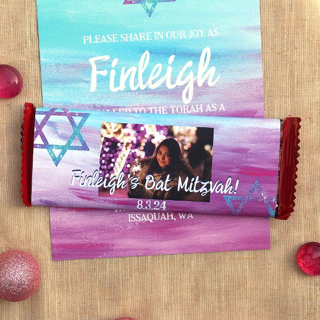 Flyer Turquesa Rosa Bat Mitzvah Candy Bar Wrapper (Hot pink, violet, turquoise, cyan bat mitzvah personalized chocolate bar wrapper DIY cheap low cost)