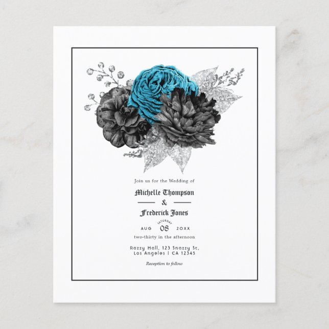 Flyer Turquesa Vintage - Floral Preto e Prata (Frente)