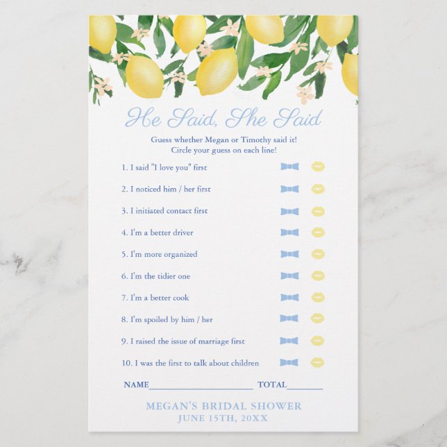 Flyer Tuscany Lemon Disse Que Disse Jogo De Chá de casam (Frente)