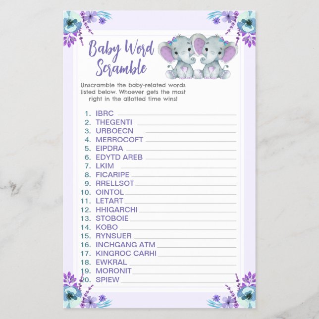 Flyer Twin Word Scramble Game Elephants Purple Teal (Frente)