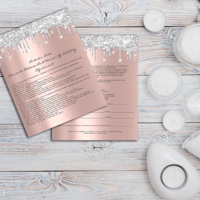 Flyer Unhas Artist Liability Waiver Rosa Blush Silver (Nails Artist Liability Waiver Rose Blush Silver Flyer )