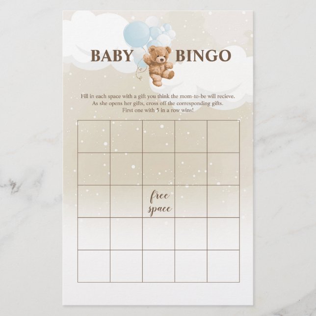 Flyer Ursinho Azul Empoeirado BINGO Jogos para Chá de Be (Frente)