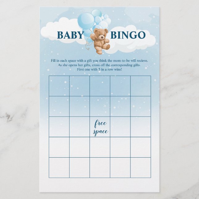 Flyer Ursinho de Pelúcia Azul BINGO Jogos para Chá de Be (Frente)