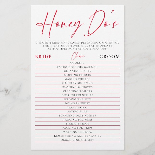 Flyer Valentine Bridal Shower Game Honey Do Watercolor (Frente)