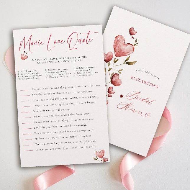 Flyer Valentine Bridal Shower Game Match Movie Quotes  (valentine bridal shower game movie love quote brunch bubbly watercolor hearts showered with love)