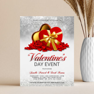 Flyer Valentine's Day Event Red Heart Box & Rose Petals
