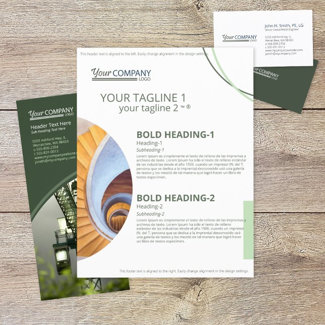 Flyer Vendas de Formas de Fotos Geométricas, Verde Azeit (olive green company branding flyer with modern block text and geometric shaped photos)