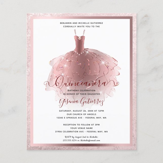 Flyer Vestido Elegante Dourado Quinceañera, barato, Rosa (Frente)
