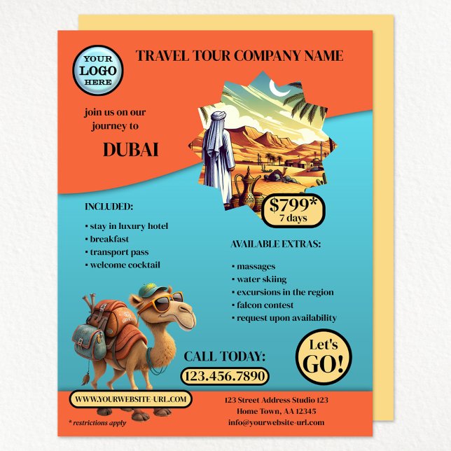 Flyer Viagem de Captura de Olhos Modelo (A versatile colorful travel agency flyer with your logo, custom photo and optional camel - Dubai)