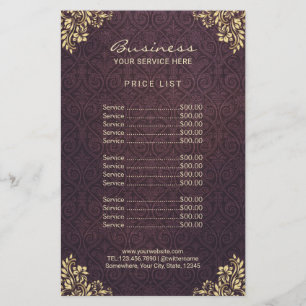 Flyer Vintage Dourado Roxo Damask Beauty Salon Price Lis