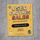 Flyer Vintage-Style - Used Clothes Sales<br><div class="desc">A vintage-style advertising flyer promoting a used clothing sale featuring bold retro typography on a worn yellow background,  graphic elements and illustrated clothing items like floral dress,  shirts,  hangers and jacket in muted pastel colors.</div>