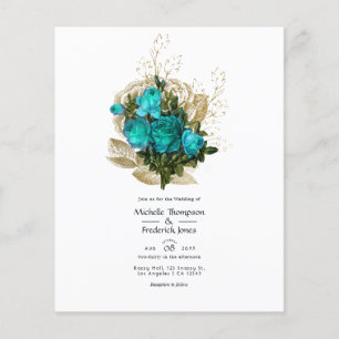 Flyer Vintage Teal - Turquesa e Dourada Casamento Floral