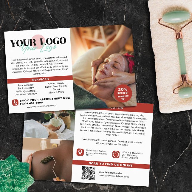 Flyer Warm Red Your Logo Photos QR Spa Salon (Criador carregado)