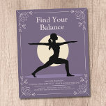 Flyer Warrior Pose - Yoga Instructor with Lotus Flowers<br><div class="desc">A modern yoga instructor flyer design featuring a silhouette of a serene woman in a graceful warrior pose (Virabhadrasana Two) against a pale yellow sun, all on a soft lavender background. Delicate lotus flower illustrations frame the edges. Perfect for activities such as yoga instructor or teacher, meditation, relaxation or wellness...</div>