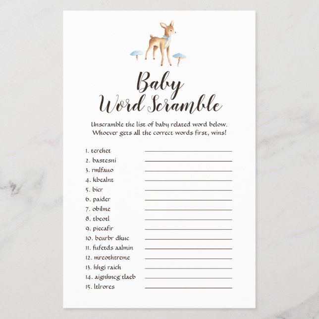 Flyer Watercolor Boy Deer em White Baby Word Scramble (Frente)