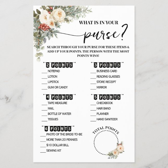 Flyer What is in Purse Winter Bridal Shower Game Card (Frente)