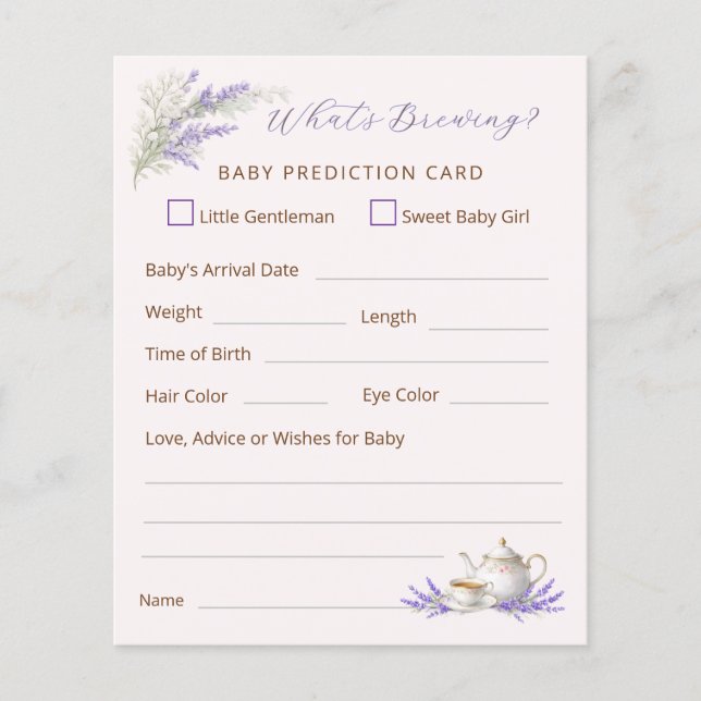 Flyer What's Brewing Tea Party Baby Prediction Card (Frente)