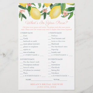 Flyer What's In Your  Purse Game Card For Lemons Shower