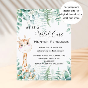 Flyer Wild one 1st birthday giraffe budget invitation