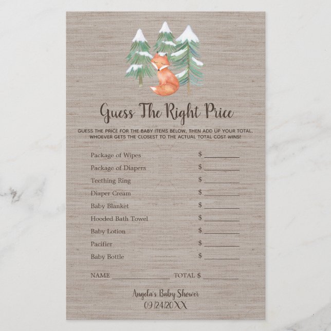 Flyer Winter Woodland Fox adivinha o jogo do preço certo (Frente)