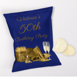 Flyer Womans Blue Dourado Chip Bag Wrappers<br><div class="desc">As mulheres bolsas reais, azuis e festas de aniversário douradas, com calçados bonito de salto alto de ouro, presentes, perfumes e óculos de champanhe em um plano de fundo de sua própria cor. Esta bolsa de festas de aniversário de mulheres é facilmente personalizada com seu texto e foto. Para montar,...</div>