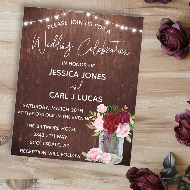 Flyer Wood Burgundy Blush Rosa Rosa Mason Jar Lights Inv (Criador carregado)