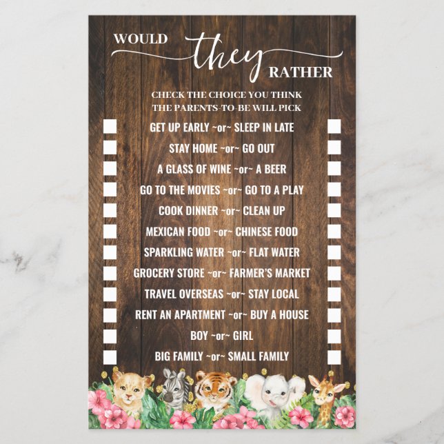 Flyer Would They Rather Rustic Pink Safari Game Card (Frente)