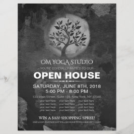 Flyer Yoga Meditation Instructor BW Tree Logo Open House