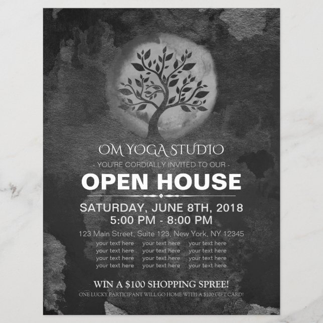 Flyer Yoga Meditation Instructor BW Tree Logo Open House (Frente)