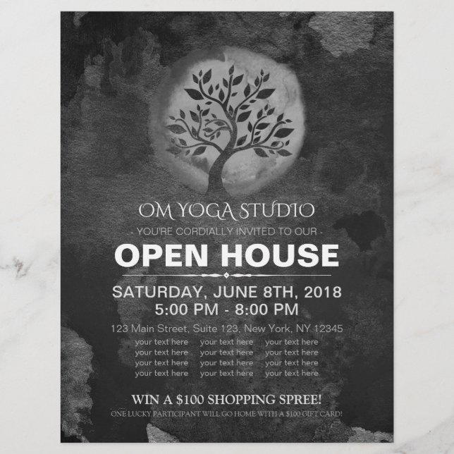 Flyer Yoga Meditation Instructor BW Tree Logo Open House (Frente)