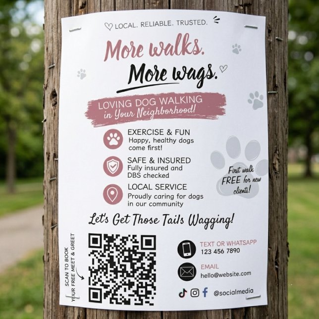 Flyers Código QR para Negócios de Pet Sitter e Pas (Dog Walking Pet Sitting Business Flyers with QR Code)