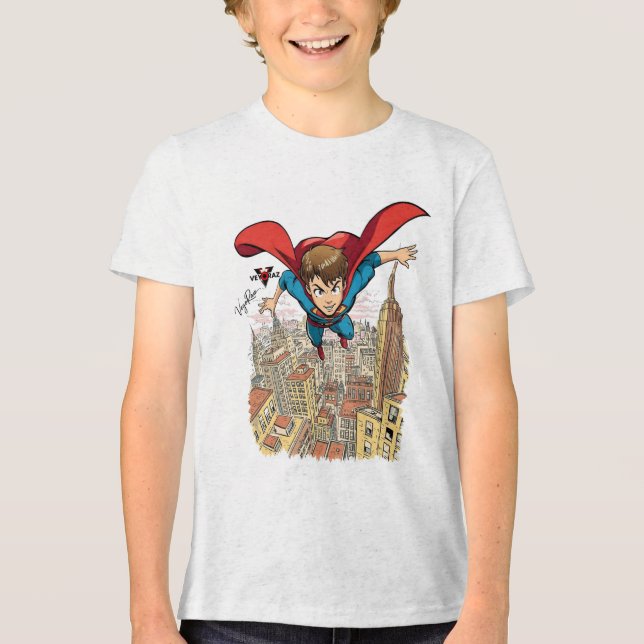 Flying Super Boy Cartoon T-Shirt – Dynamic Comic S (Frente)