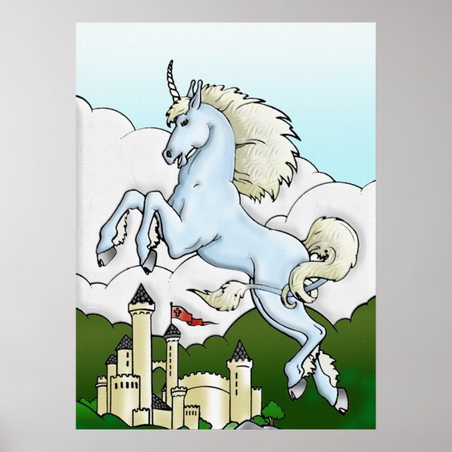 Flying Unicorn & Castle Fantasy Art Poster (Frente)